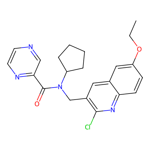 N-[(2-chloro-6-ethoxyquinolin-3-yl)methyl]-N-cyclopentylpyrazine-2-carboxamide structure