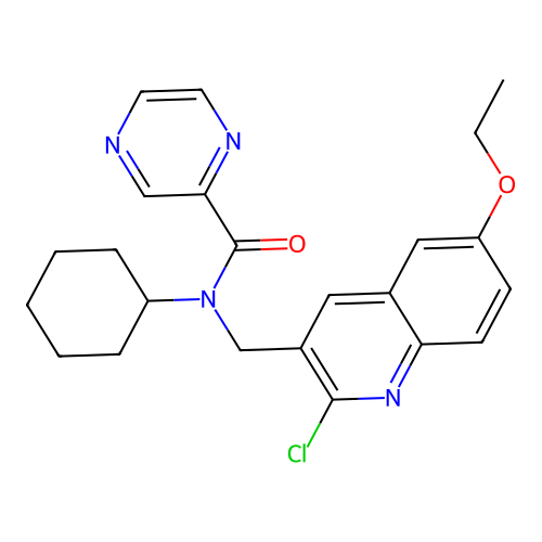 N-[(2-chloro-6-ethoxyquinolin-3-yl)methyl]-N-cyclohexylpyrazine-2-carboxamide structure