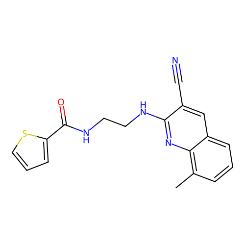N-[2-[(3-cyano-8-methylquinolin-2-yl)amino]ethyl]thiophene-2-carboxamide structure