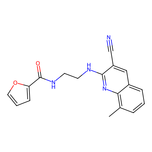 N-[2-[(3-cyano-8-methylquinolin-2-yl)amino]ethyl]furan-2-carboxamide structure