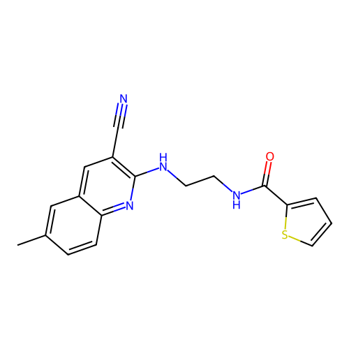 N-[2-[(3-cyano-6-methylquinolin-2-yl)amino]ethyl]thiophene-2-carboxamide structure