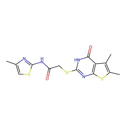 2-[(5,6-dimethyl-4-oxo-3H-thieno[2,3-d]pyrimidin-2-yl)thio]-N-(4-methyl-2-thiazolyl)acetamide structure