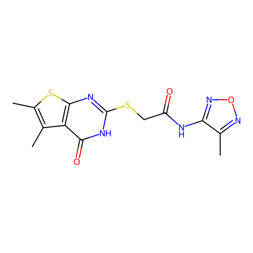 2-((5,6-dimethyl-4-oxo-1,4-dihydrothieno[2,3-d]pyrimidin-2-yl)thio)-N-(4-methyl-1,2,5-oxadiazol-3-yl)acetamide structure