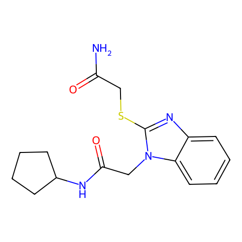 2-[2-(2-amino-2-oxoethyl)sulfanylbenzimidazol-1-yl]-N-cyclopentylacetamide structure