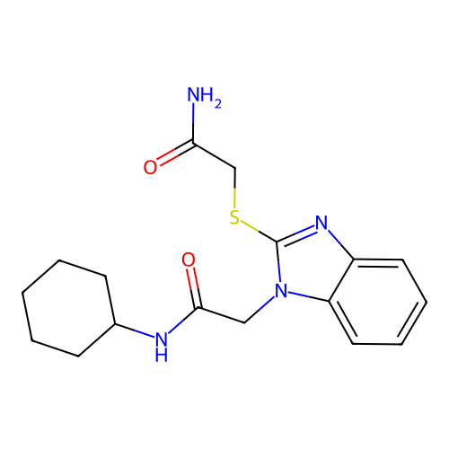 2-[2-(2-amino-2-oxoethyl)sulfanylbenzimidazol-1-yl]-N-cyclohexylacetamide structure