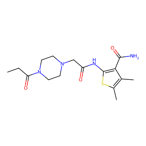 4,5-dimethyl-2-[[2-(4-propanoylpiperazin-1-yl)acetyl]amino]thiophene-3-carboxamide structure
