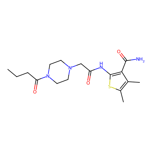 2-[[2-(4-butanoylpiperazin-1-yl)acetyl]amino]-4,5-dimethyl-thiophene-3-carboxamide structure