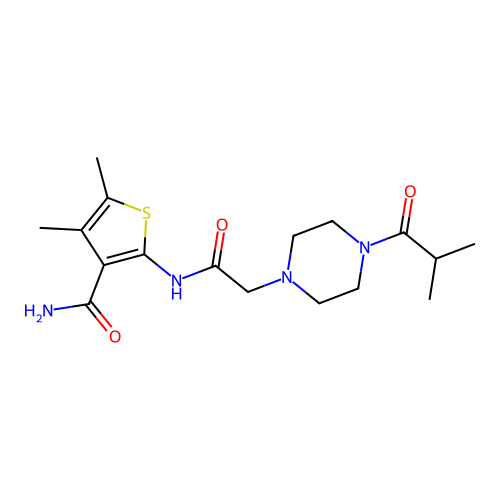 4,5-dimethyl-2-[[2-[4-(2-methylpropanoyl)piperazin-1-yl]acetyl]amino]thiophene-3-carboxamide structure
