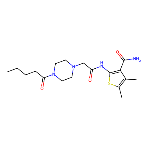 4,5-dimethyl-2-[[2-(4-pentanoylpiperazin-1-yl)acetyl]amino]thiophene-3-carboxamide structure