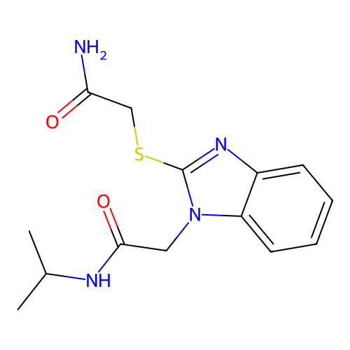 2-[2-(2-amino-2-oxoethyl)sulfanylbenzimidazol-1-yl]-N-propan-2-ylacetamide structure