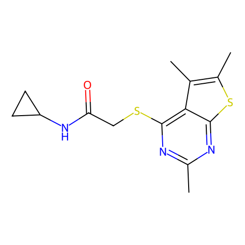 N-Cyclopropyl-2-(2,5,6-trimethyl-thieno[2,3-d]pyrimidin-4-ylsulfanyl)-acetamide structure