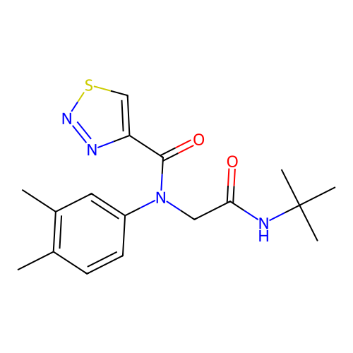 N-(3,4-dimethylphenyl)-N-(tert-butylcarbamoylmethyl)thiadiazole-4-carboxamide structure