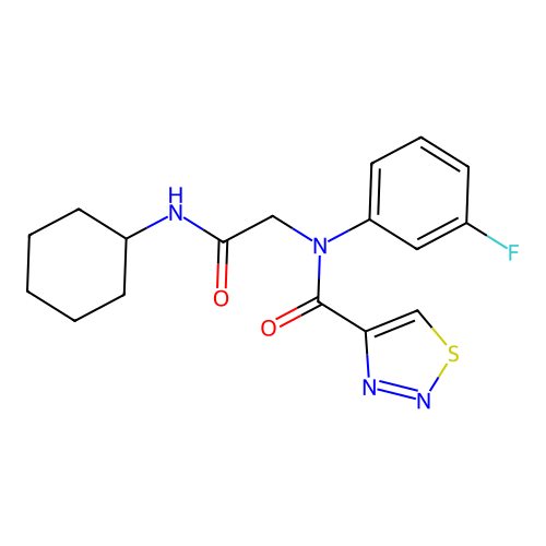 N-[2-(cyclohexylamino)-2-oxoethyl]-N-(3-fluorophenyl)thiadiazole-4-carboxamide structure