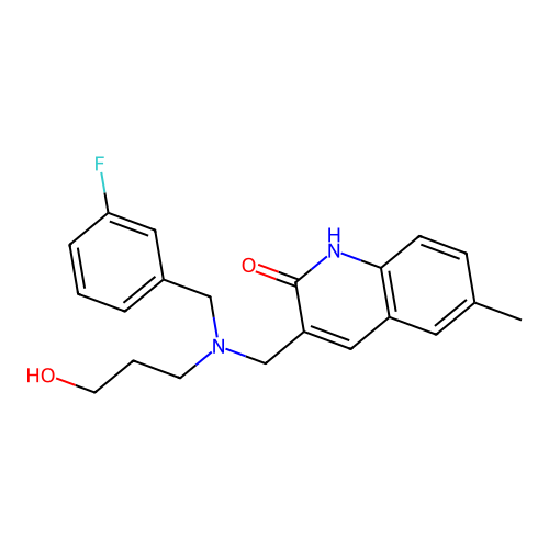 3-[[(3-fluorophenyl)methyl-(3-hydroxypropyl)amino]methyl]-6-methyl-1H-quinolin-2-one structure