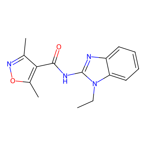 N-(1-ethylbenzimidazol-2-yl)-3,5-dimethyl-1,2-oxazole-4-carboxamide structure