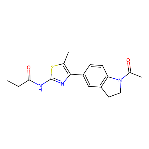 N-[4-(1-acetyl-2,3-dihydroindol-5-yl)-5-methyl-1,3-thiazol-2-yl]propanamide structure