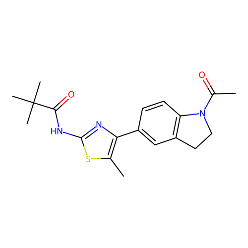 N-[4-(1-acetyl-2,3-dihydroindol-5-yl)-5-methyl-1,3-thiazol-2-yl]-2,2-dimethylpropanamide structure