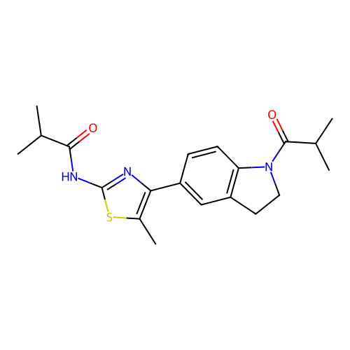 2-methyl-N-[5-methyl-4-[1-(2-methylpropanoyl)-2,3-dihydroindol-5-yl]-1,3-thiazol-2-yl]propanamide structure