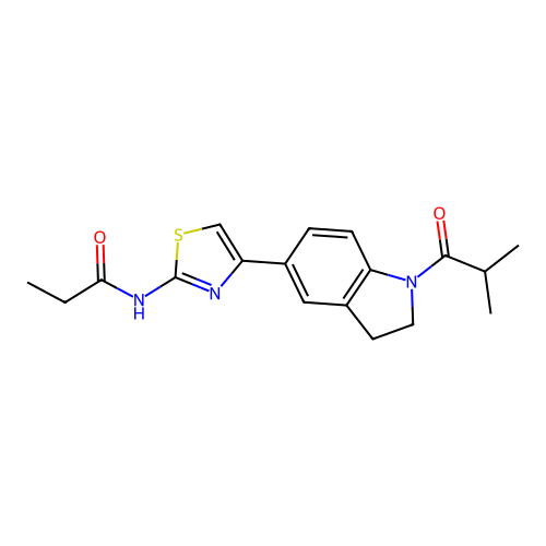 N-[4-[1-(2-methylpropanoyl)-2,3-dihydroindol-5-yl]-1,3-thiazol-2-yl]propanamide structure