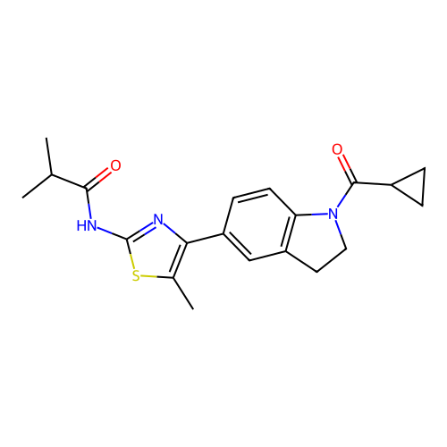 N-[4-[1-(cyclopropanecarbonyl)-2,3-dihydroindol-5-yl]-5-methyl-1,3-thiazol-2-yl]-2-methylpropanamide structure