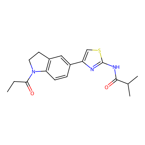 2-methyl-N-[4-(1-propanoyl-2,3-dihydroindol-5-yl)-1,3-thiazol-2-yl]propanamide structure