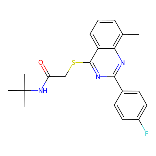 N-tert-butyl-2-[2-(4-fluorophenyl)-8-methylquinazolin-4-yl]sulfanylacetamide structure