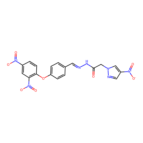 N-[[4-(2,4-dinitrophenoxy)phenyl]methylideneamino]-2-(4-nitropyrazol-1-yl)acetamide structure