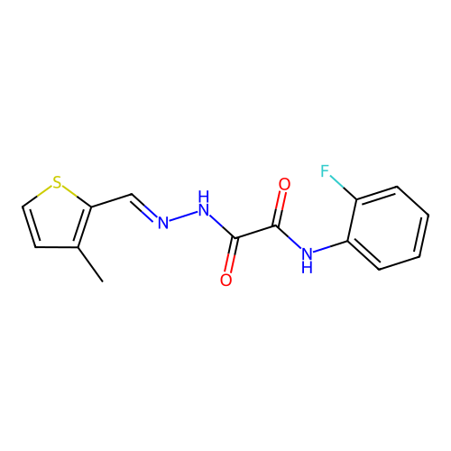 N-(2-fluorophenyl)-N'-[(3-methylthiophen-2-yl)methylideneamino]oxamide structure