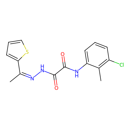 N-(3-chloro-2-methylphenyl)-N'-(1-thiophen-2-ylethylideneamino)oxamide structure