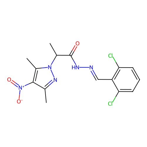 N-[(2,6-dichlorophenyl)methylideneamino]-2-(3,5-dimethyl-4-nitro-pyrazol-1-yl)propanamide structure