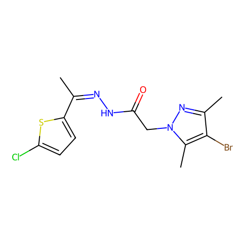 2-(4-bromo-3,5-dimethylpyrazol-1-yl)-N-[1-(5-chlorothiophen-2-yl)ethylideneamino]acetamide structure
