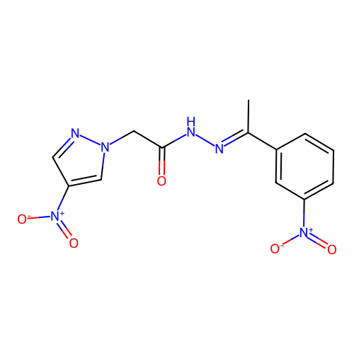 N-[1-(3-nitrophenyl)ethylideneamino]-2-(4-nitropyrazol-1-yl)acetamide structure