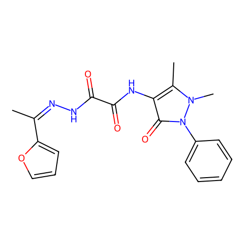 N-(1,5-dimethyl-3-oxo-2-phenyl-pyrazol-4-yl)-N'-[1-(2-furyl)ethylideneamino]oxamide structure