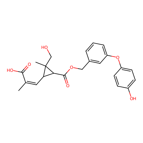 Cyclopropanecarboxylic acid, 3-(2-carboxy-1-propenyl)-2-(hydroxymethyl)-2-methyl-, (3-(4-hydroxyphenoxy)phenyl)methyl ester structure