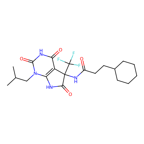 3-cyclohexyl-N-(1-isobutyl-2,4,6-trioxo-5-(trifluoromethyl)-2,3,4,5,6,7-hexahydro-1H-pyrrolo[2,3-d]pyrimidin-5-yl)propanamide structure