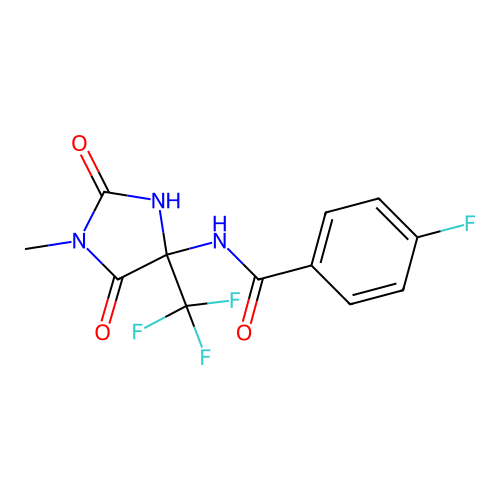 4-fluoro-N-[1-methyl-2,5-dioxo-4-(trifluoromethyl)imidazolidin-4-yl]benzamide structure