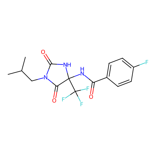 4-fluoro-N-[1-(2-methylpropyl)-2,5-dioxo-4-(trifluoromethyl)imidazolidin-4-yl]benzamide structure