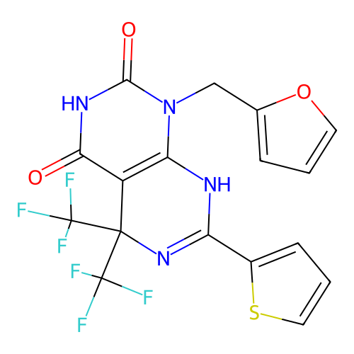 1-(furan-2-ylmethyl)-7-(thiophen-2-yl)-5,5-bis(trifluoromethyl)-5,8-dihydropyrimido[4,5-d]pyrimidine-2,4(1H,3H)-dione structure