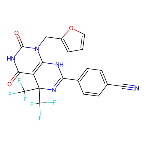 4-(8-Furan-2-ylmethyl-5,7-dioxo-4,4-bis-trifluoromethyl-1,4,5,6,7,8-hexahydro-pyrimido[4,5-d]pyrimidin- 2-yl)-benzonitrile structure