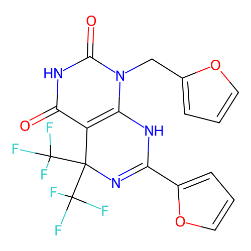 7-(furan-2-yl)-1-(furan-2-ylmethyl)-5,5-bis(trifluoromethyl)-5,8-dihydropyrimido[4,5-d]pyrimidine-2,4(1H,3H)-dione structure