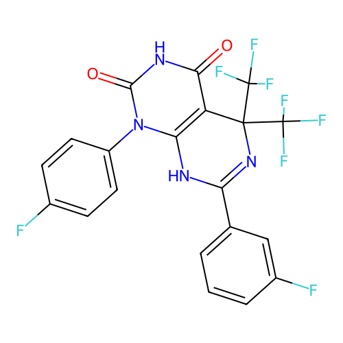 7-(3-fluorophenyl)-1-(4-fluorophenyl)-5,5-bis(trifluoromethyl)-5,8-dihydropyrimido[4,5-d]pyrimidine-2,4(1H,3H)-dione structure