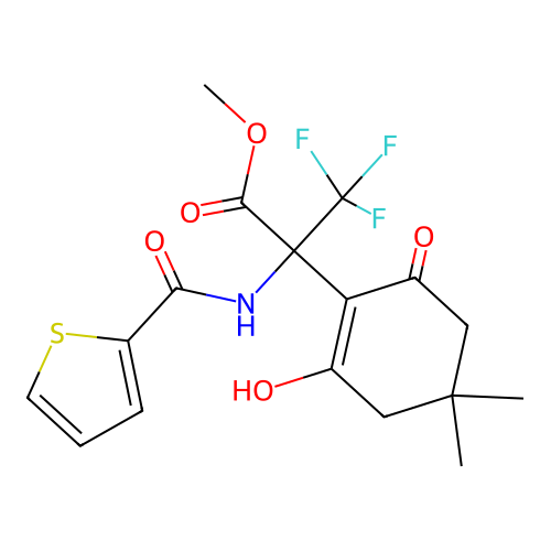 methyl 3,3,3-trifluoro-2-(2-hydroxy-4,4-dimethyl-6-oxocyclohex-1-en-1-yl)-2-(thiophene-2-carboxamido)propanoate structure