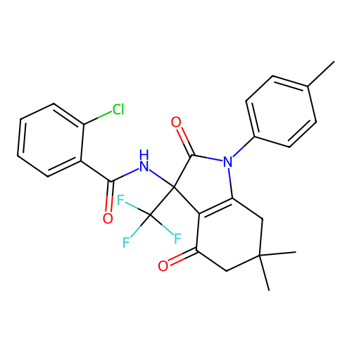 2-chloro-N-(6,6-dimethyl-2,4-dioxo-1-(p-tolyl)-3-(trifluoromethyl)-2,3,4,5,6,7-hexahydro-1H-indol-3-yl)benzamide structure