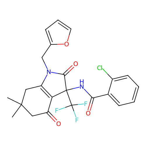 2-chloro-N-(1-(furan-2-ylmethyl)-6,6-dimethyl-2,4-dioxo-3-(trifluoromethyl)-2,3,4,5,6,7-hexahydro-1H-indol-3-yl)benzamide structure