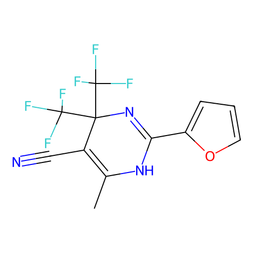 2-(furan-2-yl)-6-methyl-4,4-bis(trifluoromethyl)-1,4-dihydropyrimidine-5-carbonitrile structure