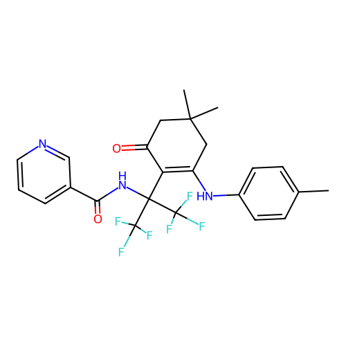 N-(2-(4,4-dimethyl-6-oxo-2-(p-tolylamino)cyclohex-1-en-1-yl)-1,1,1,3,3,3-hexafluoropropan-2-yl)nicotinamide structure