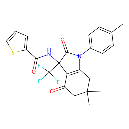 N-[6,6-dimethyl-1-(4-methylphenyl)-2,4-dioxo-3-(trifluoromethyl)-2,3,4,5,6,7-hexahydro-1H-indol-3-yl]thiophene-2-carboxamide structure