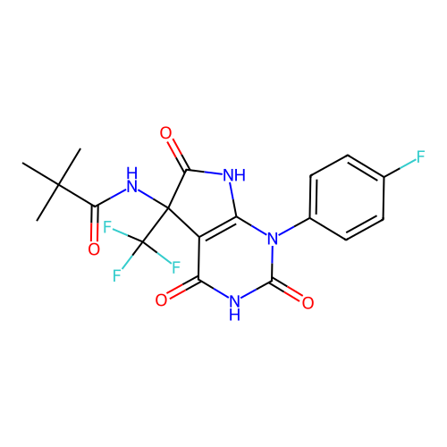 N-(1-(4-fluorophenyl)-2,4,6-trioxo-5-(trifluoromethyl)-2,3,4,5,6,7-hexahydro-1H-pyrrolo[2,3-d]pyrimidin-5-yl)pivalamide structure