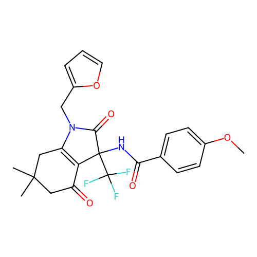 N-(1-(furan-2-ylmethyl)-6,6-dimethyl-2,4-dioxo-3-(trifluoromethyl)-2,3,4,5,6,7-hexahydro-1H-indol-3-yl)-4-methoxybenzamide structure