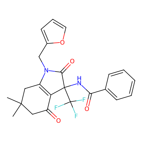 N-[1-(furan-2-ylmethyl)-6,6-dimethyl-2,4-dioxo-3-(trifluoromethyl)-2,3,4,5,6,7-hexahydro-1H-indol-3-yl]benzamide structure